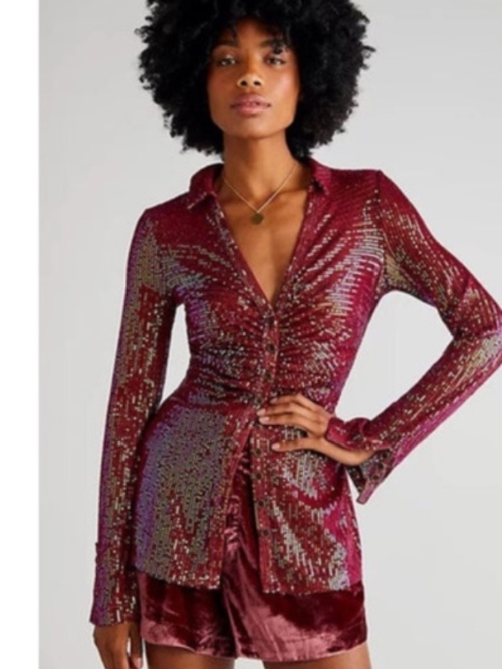 Free People Magenta Sequin Button-Up Top